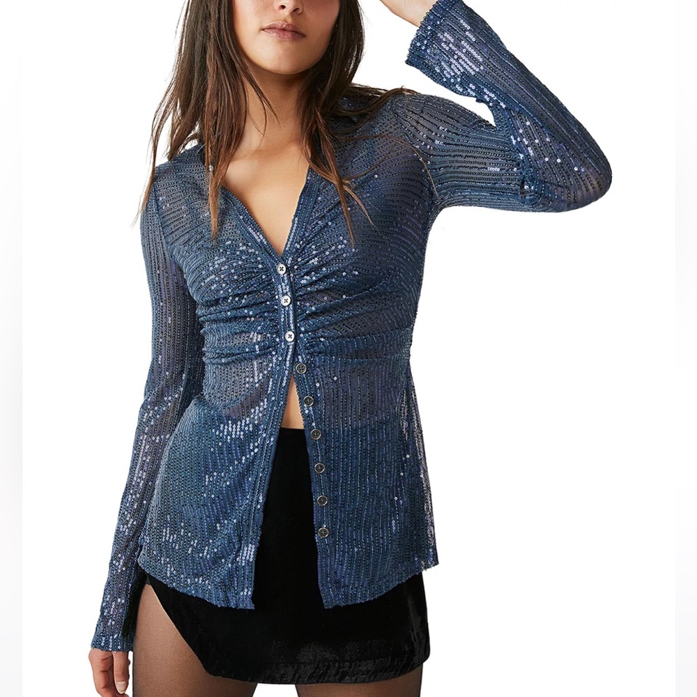 Free People Navy Sequins Shirtee Size Small